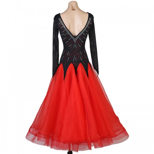 Women girls black with red ballroom dance dress competition stage performance gown for lady rhinestones foxtrot waltz tango smooth dance long dress for female
